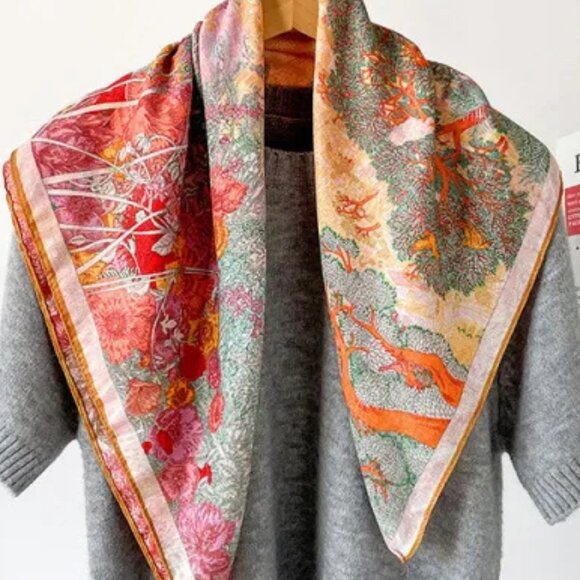 2/$30 Red Green Nature-Inspired Patterned Scarf Velvety Silk Neck Tie Head Shawl - Picture 4 of 6